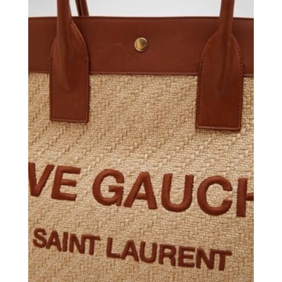 SAINT LAURENT ‘Rive Gauche’ Embroidered Raffia & Leather Tote Bag Natural NWT - Picture 8 of 8
